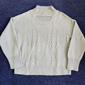 Steve Madden Sweater Womens Large Green Cable Knit Mock Neck Cutout Pullover